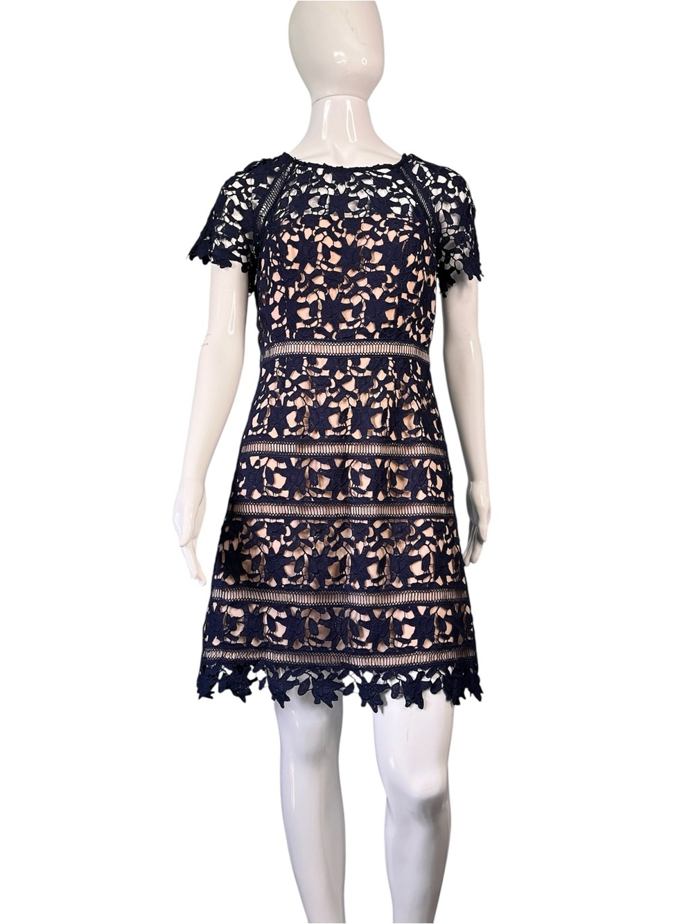 Eliza J Navy Crochet Lace Overlay Short Sleeve A-Line Sheath Dress Sz 6